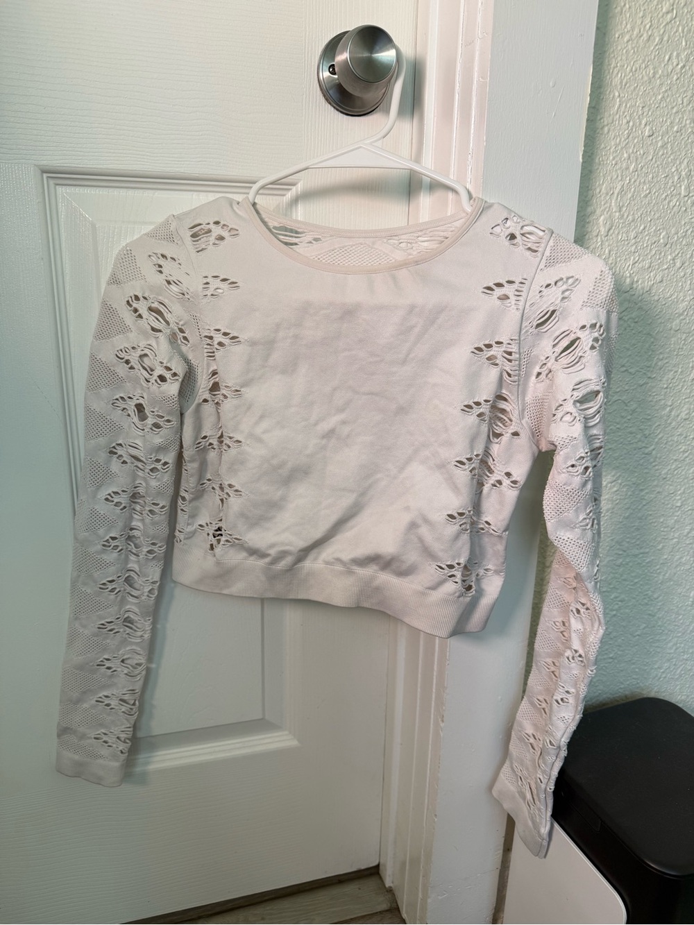 Urban Outfitters White Crochet-Panel Cropped Long Sleeve Top